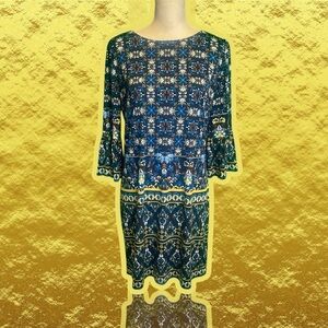 Maggy London Blue Kaleidoscope Paisley Print Bell Sleeve Shift Dress Size 8